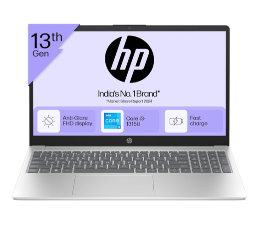HP 15s- FD0465TU Laptop, 13th Gen Core i3-1315U/ 8GB RAM/ 512GB SSD/ 15.6 FHD Screen/ Win 11/ MSO 2024/ UHD Graphics/ No Carry Bag/ Silver/ 1 Year Brand Warranty