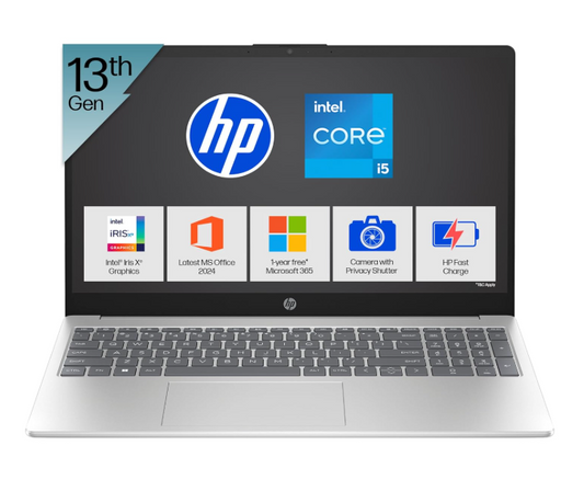 HP 15, 13th Gen Intel Core i5-1334U Laptop(16GB DDR4, 512GB SSD), 15.6",FHD,Win 11,Office 24,Microsoft 365*, Silver,1.59kg, Iris Xe Graphics, FHD Camera w/Privacy Shutter, Backlit KB, fd0467tu