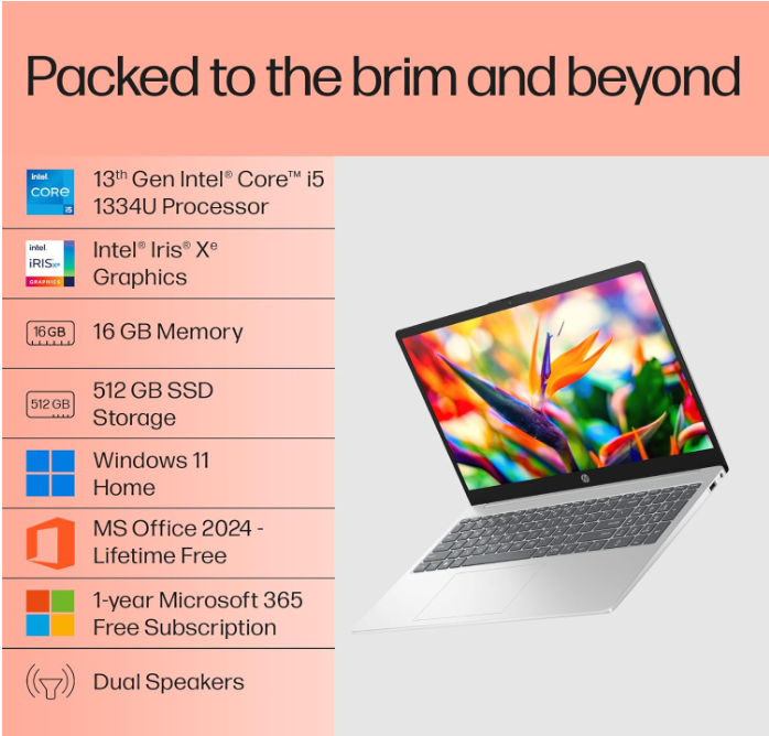 HP 15, 13th Gen Intel Core i5-1334U Laptop(16GB DDR4, 512GB SSD), 15.6",FHD,Win 11,Office 24,Microsoft 365*, Silver,1.59kg, Iris Xe Graphics, FHD Camera w/Privacy Shutter, Backlit KB, fd0467tu