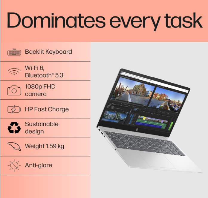 HP 15, 13th Gen Intel Core i5-1334U Laptop(16GB DDR4, 512GB SSD), 15.6",FHD,Win 11,Office 24,Microsoft 365*, Silver,1.59kg, Iris Xe Graphics, FHD Camera w/Privacy Shutter, Backlit KB, fd0467tu