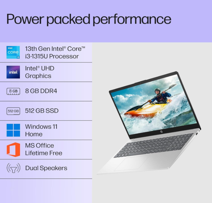 HP 15s- FD0465TU Laptop, 13th Gen Core i3-1315U/ 8GB RAM/ 512GB SSD/ 15.6 FHD Screen/ Win 11/ MSO 2024/ UHD Graphics/ No Carry Bag/ Silver/ 1 Year Brand Warranty
