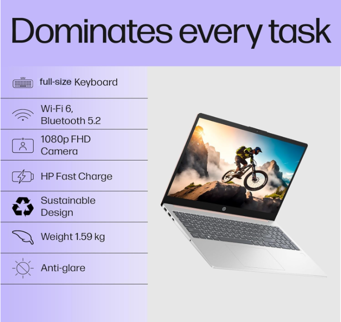 HP 15s- FD0465TU Laptop, 13th Gen Core i3-1315U/ 8GB RAM/ 512GB SSD/ 15.6 FHD Screen/ Win 11/ MSO 2024/ UHD Graphics/ No Carry Bag/ Silver/ 1 Year Brand Warranty